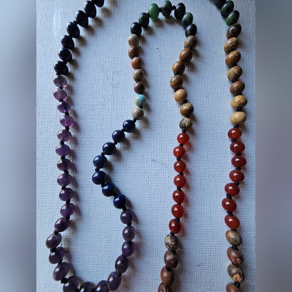 Spiritual Boho Assorted Gemstone Mala Necklace with Gold Chakra Pendant - Picture 4 of 4